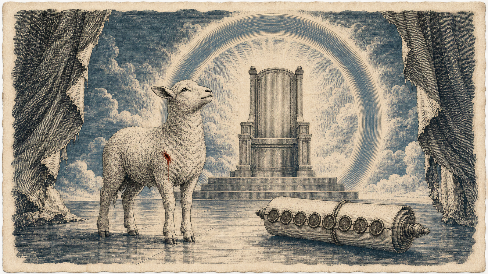 A slain-but-standing lamb before an empty throne, a seven-sealed scroll beside it, a torn temple veil at the edges