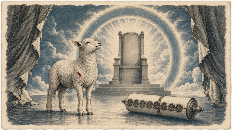 A slain-but-standing lamb before an empty throne, a seven-sealed scroll beside it, a torn temple veil at the edges