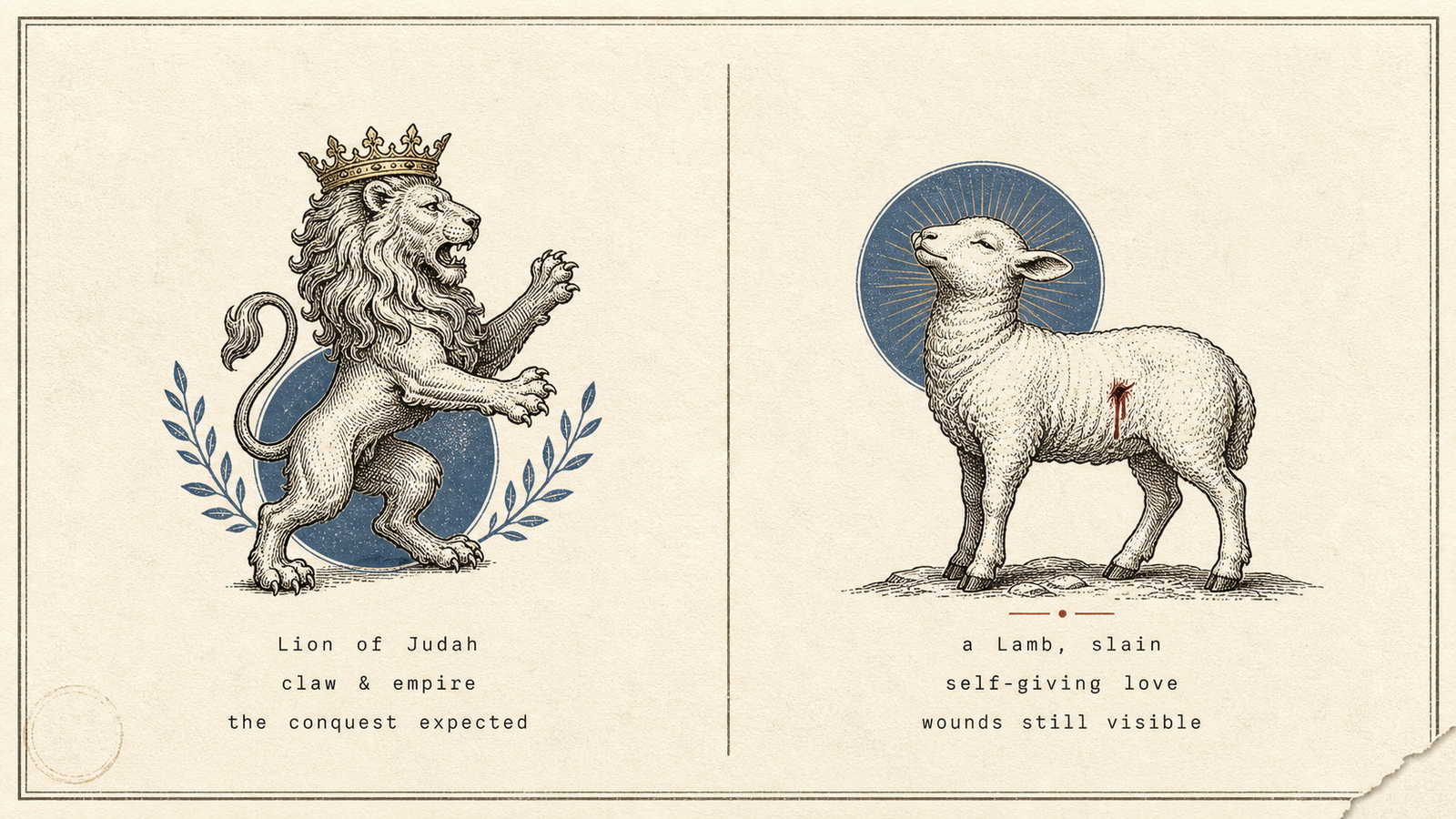 Two-column comparison: a crowned Lion of Judah (claw and empire, the conquest expected) beside a slain-but-standing Lamb (self-giving love, wounds still visible)